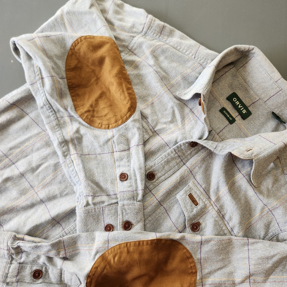 Orvis Fairbanks Shirt Mens Med Light Check Flannel Button Up SUEDED ELBOW Patch